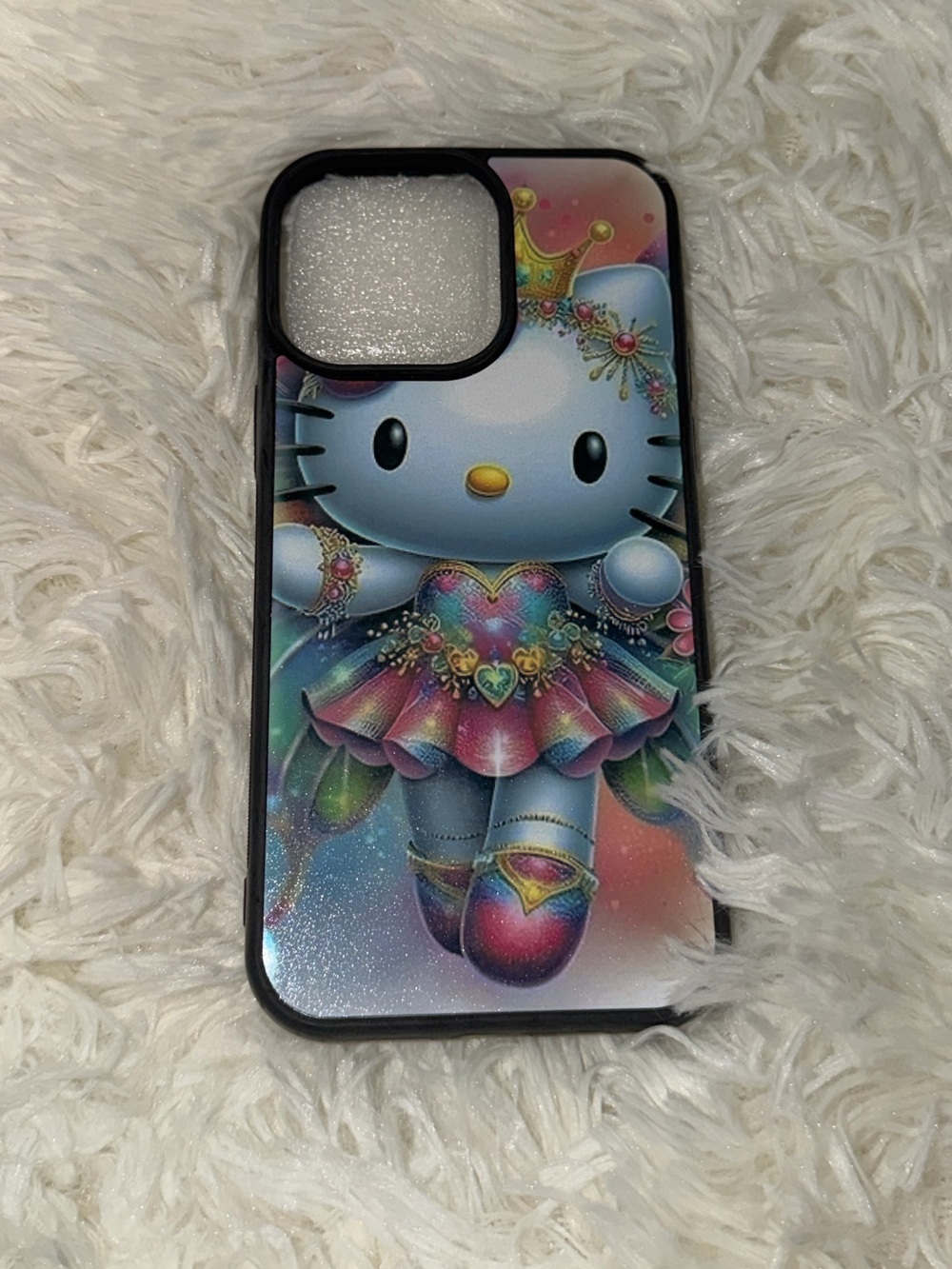 Hello Kitty Glitter Rainbow Princess Phone Case with Black Trim , 14 pro max